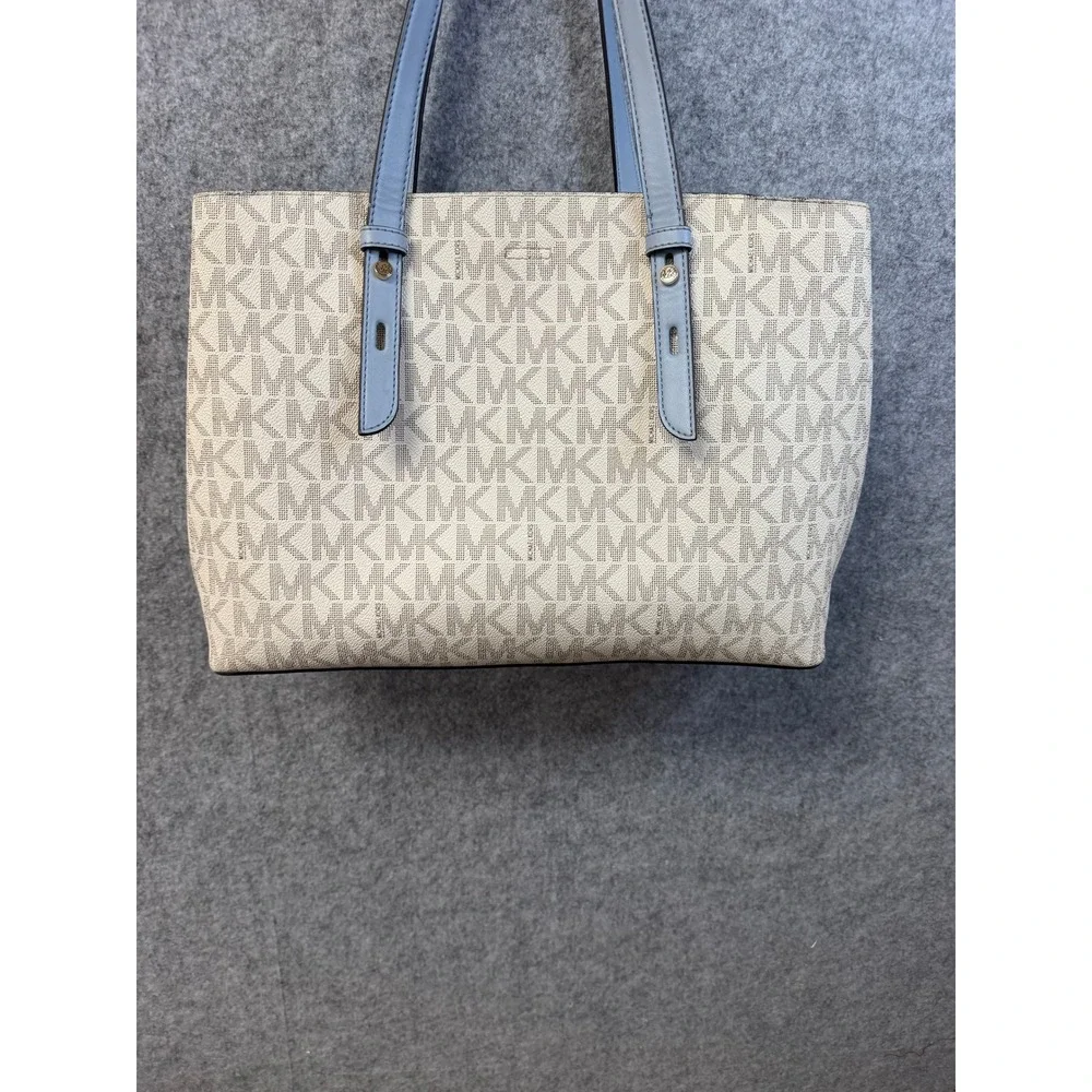 Michael Kors Charlotte Large Tote Bag Signature Logo‎ Cream Blue Gold Hardware